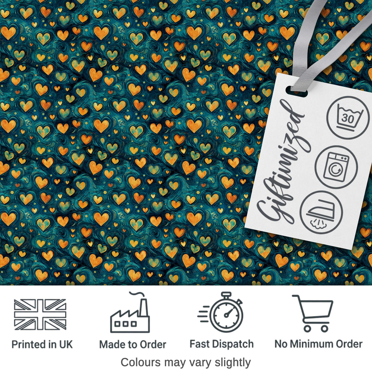 Artistic Blue and Gold Heart Swirl Textured Seamless Pattern Digital Print Fabric by the Metre UK Sewing Quilting Textile