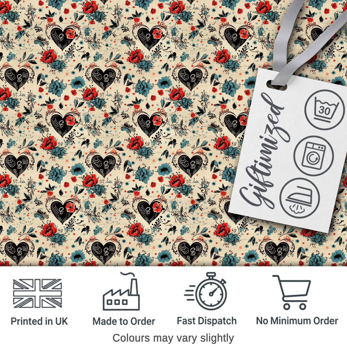 Vintage Floral Heart and Botanical Illustration Seamless Pattern Digital Print Fabric by the Metre UK Sewing Quilting Textile