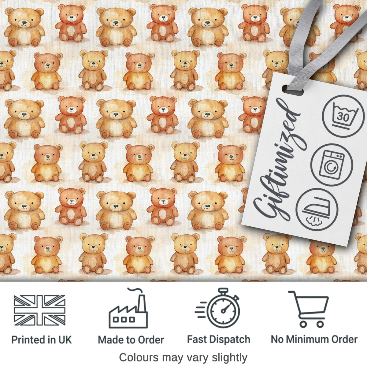 Watercolor Cute Teddy Bear Soft Pastel Seamless Pattern Digital Print Fabric by the Metre UK Sewing Quilting Textile