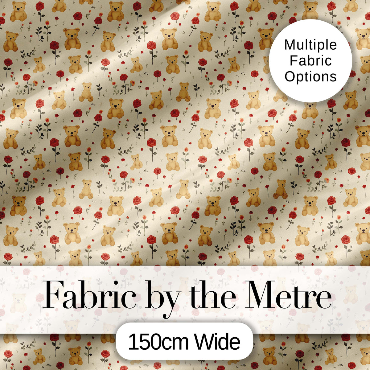 Cute Teddy Bear and Red Rose Floral Seamless Pattern Digital Print Fabric by the Metre UK Sewing Quilting Textile