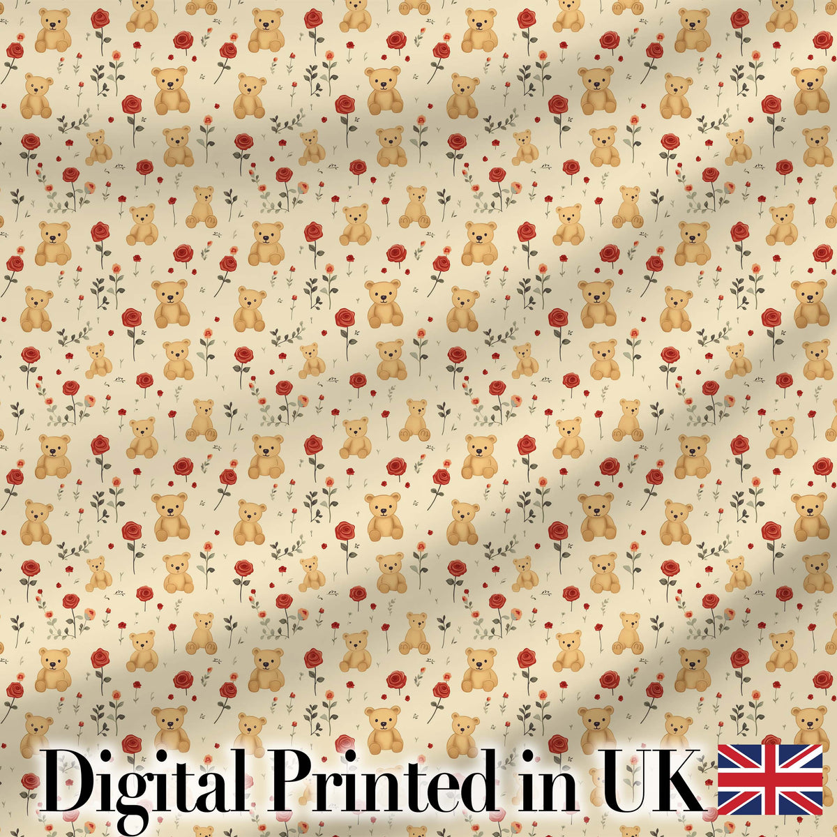 Cute Teddy Bear and Red Rose Floral Seamless Pattern Digital Print Fabric by the Metre UK Sewing Quilting Textile