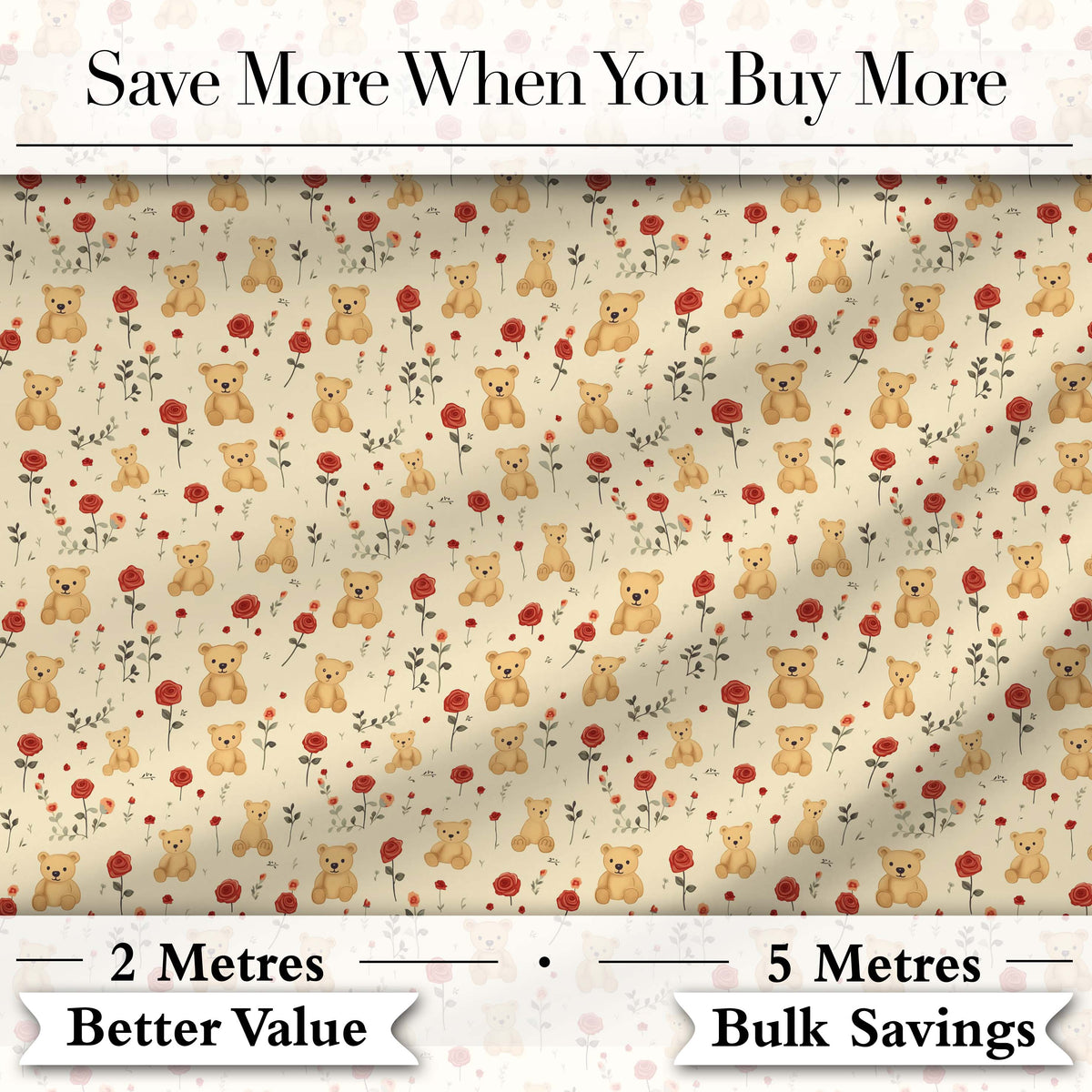 Cute Teddy Bear and Red Rose Floral Seamless Pattern Digital Print Fabric by the Metre UK Sewing Quilting Textile