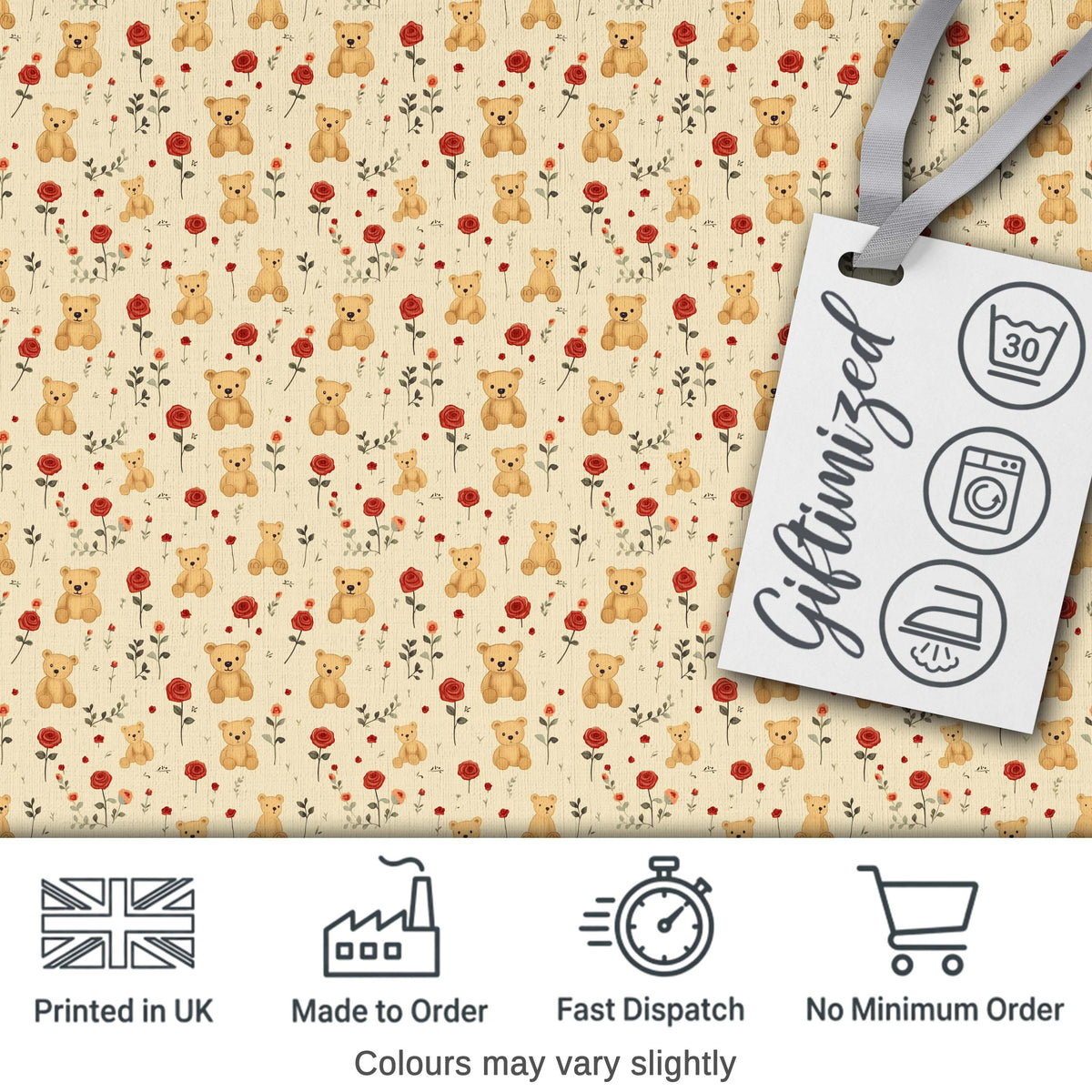 Cute Teddy Bear and Red Rose Floral Seamless Pattern Digital Print Fabric by the Metre UK Sewing Quilting Textile