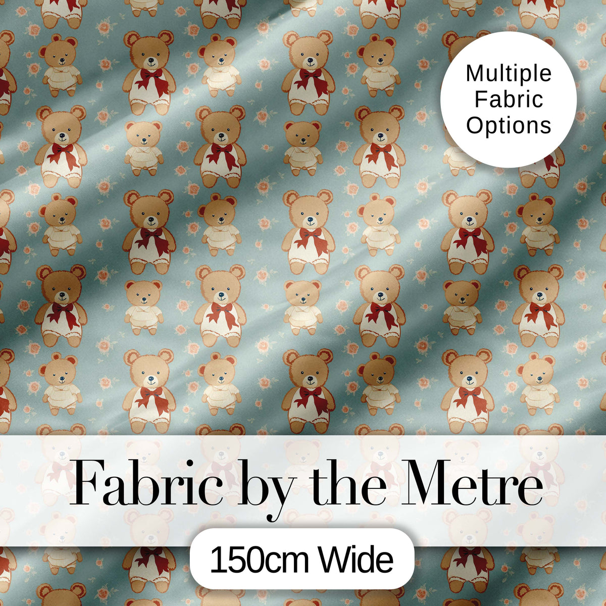Cute Teddy Bears in Dresses with Floral Background Seamless Pattern Digital Print Fabric by the Metre UK Sewing Quilting Textile