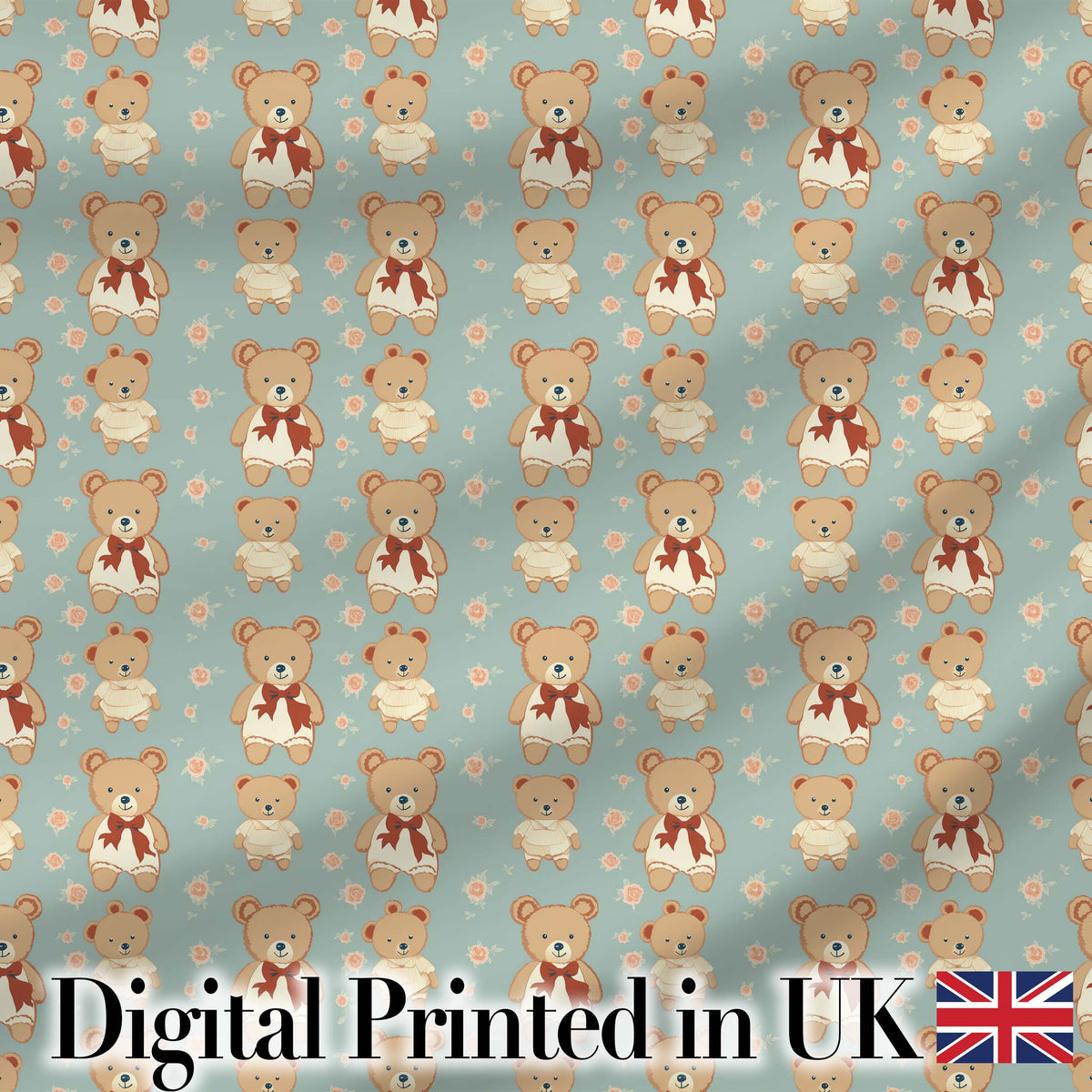Cute Teddy Bears in Dresses with Floral Background Seamless Pattern Digital Print Fabric by the Metre UK Sewing Quilting Textile