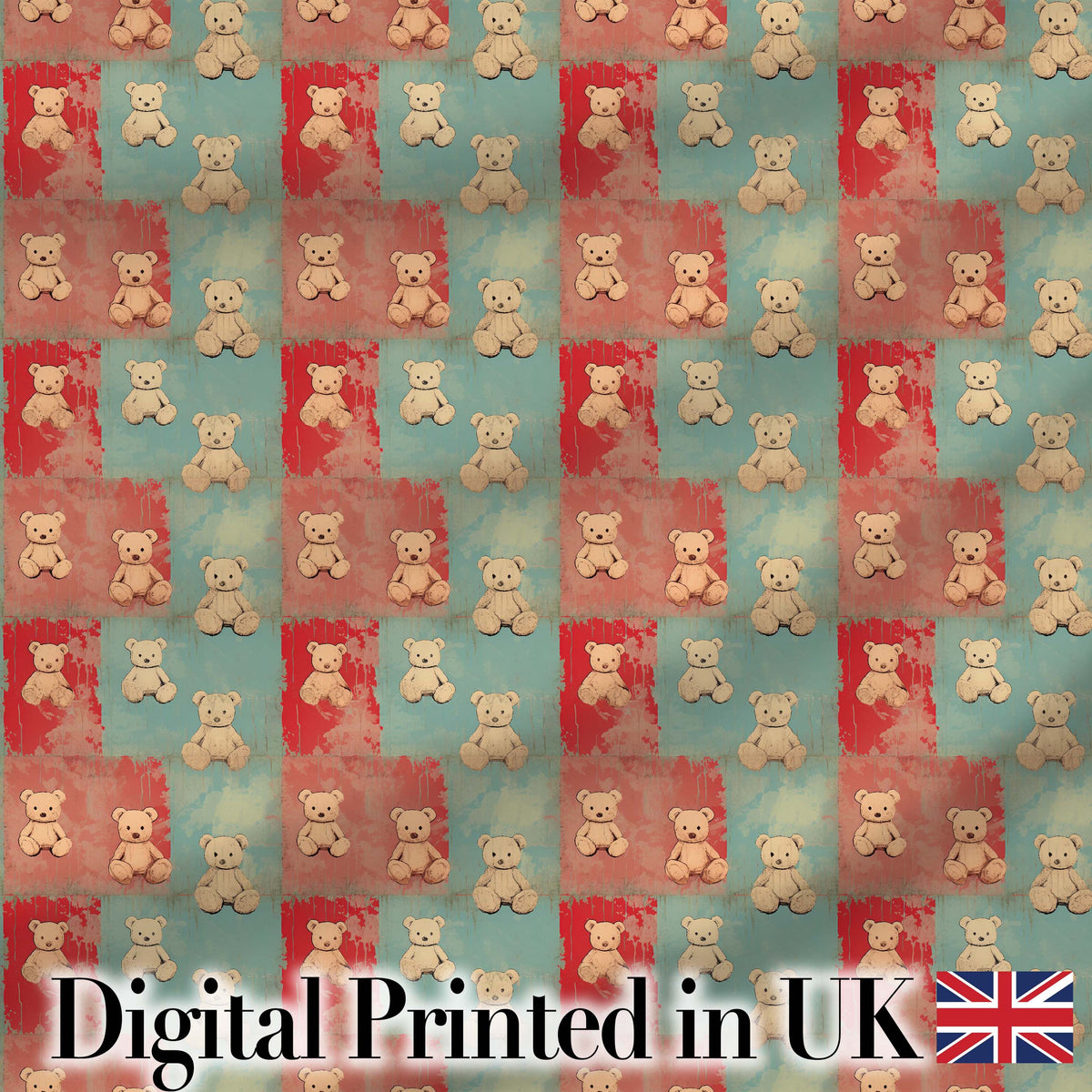Vintage Teddy Bears Patchwork Style Red and Blue Seamless Pattern Digital Print Fabric by the Metre UK Sewing Quilting Textile