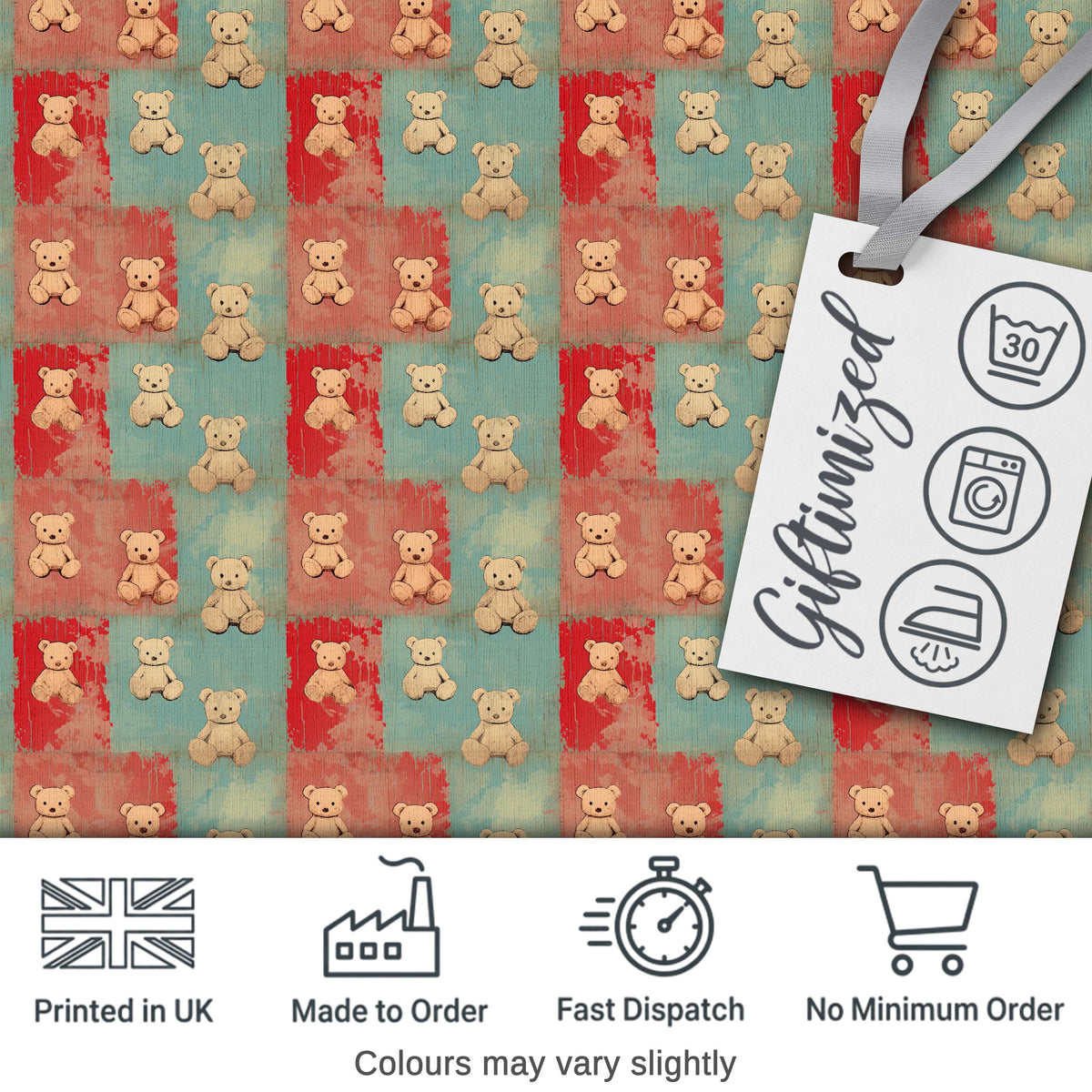 Vintage Teddy Bears Patchwork Style Red and Blue Seamless Pattern Digital Print Fabric by the Metre UK Sewing Quilting Textile
