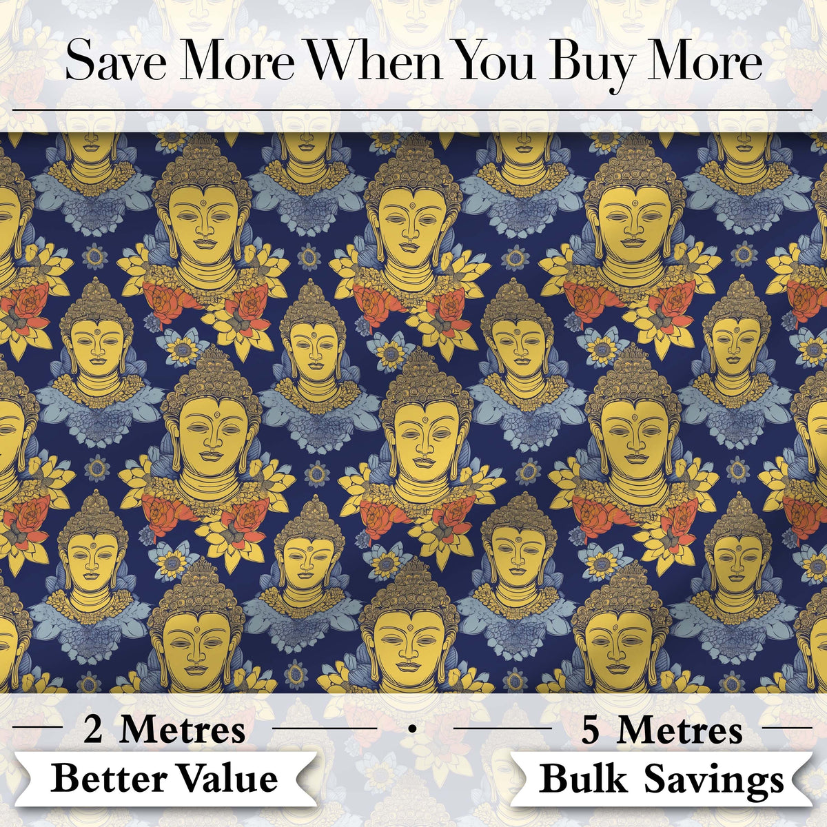 Golden Buddha Faces with Floral Elements Seamless Pattern Digital Print Fabric by the Metre UK Sewing Quilting Textile