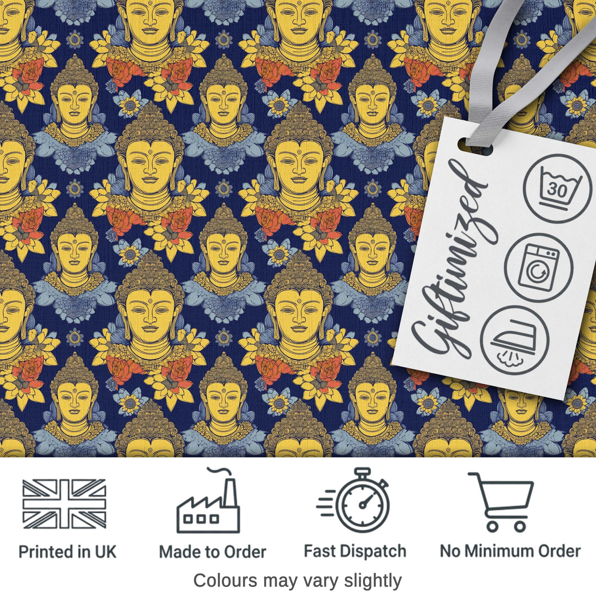 Golden Buddha Faces with Floral Elements Seamless Pattern Digital Print Fabric by the Metre UK Sewing Quilting Textile