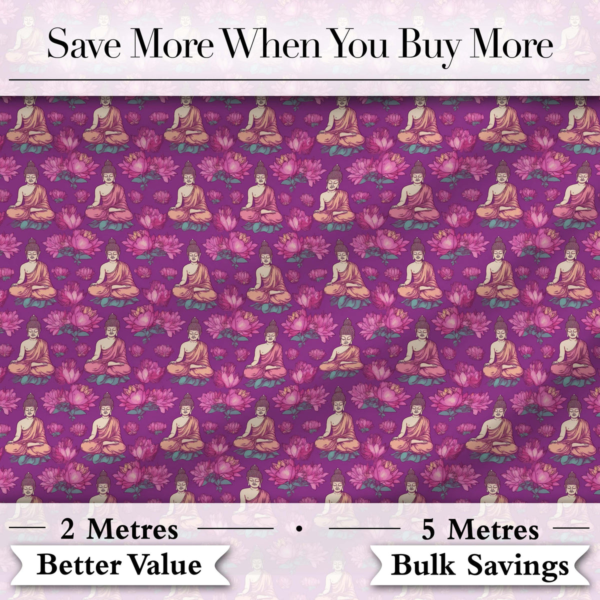 Meditating Buddha with Lotus Flowers Purple Seamless Pattern Digital Print Fabric by the Metre UK Sewing Quilting Textile
