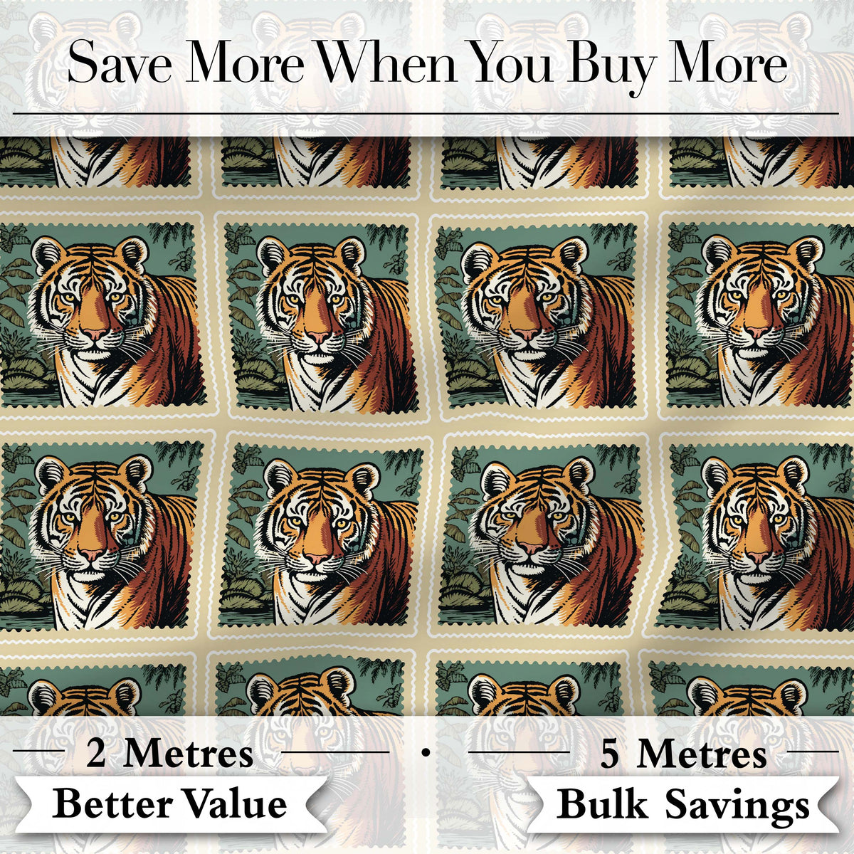 Vintage Tiger Portrait Stamp Style Seamless Pattern Digital Print Fabric by the Metre UK Sewing Quilting Textile