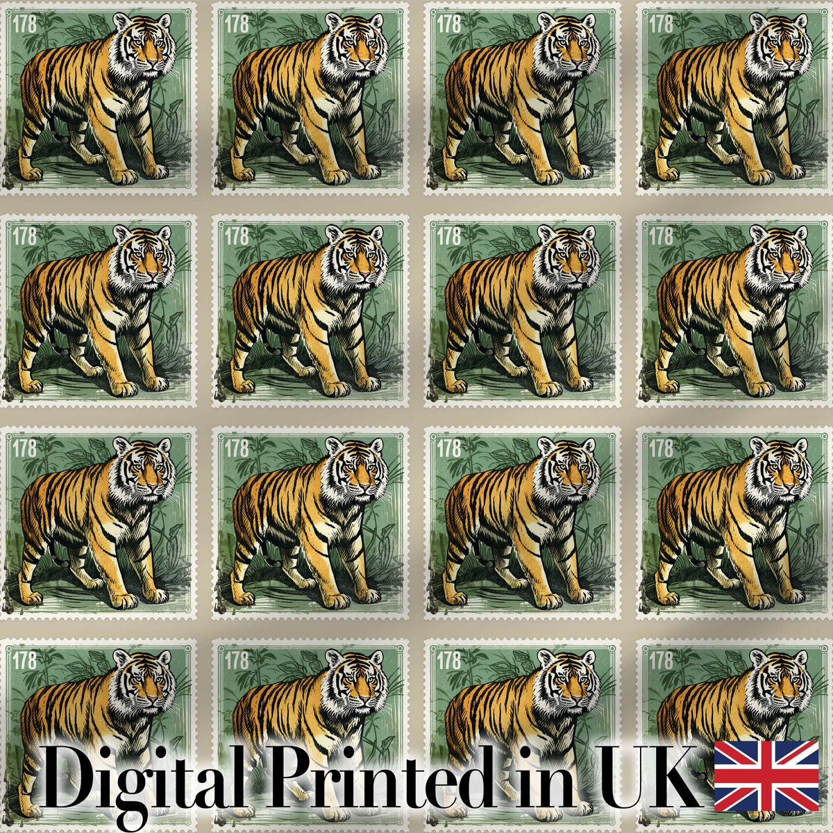 Classic Tiger Full Body Stamp Design Seamless Pattern Digital Print Fabric by the Metre UK Sewing Quilting Textile