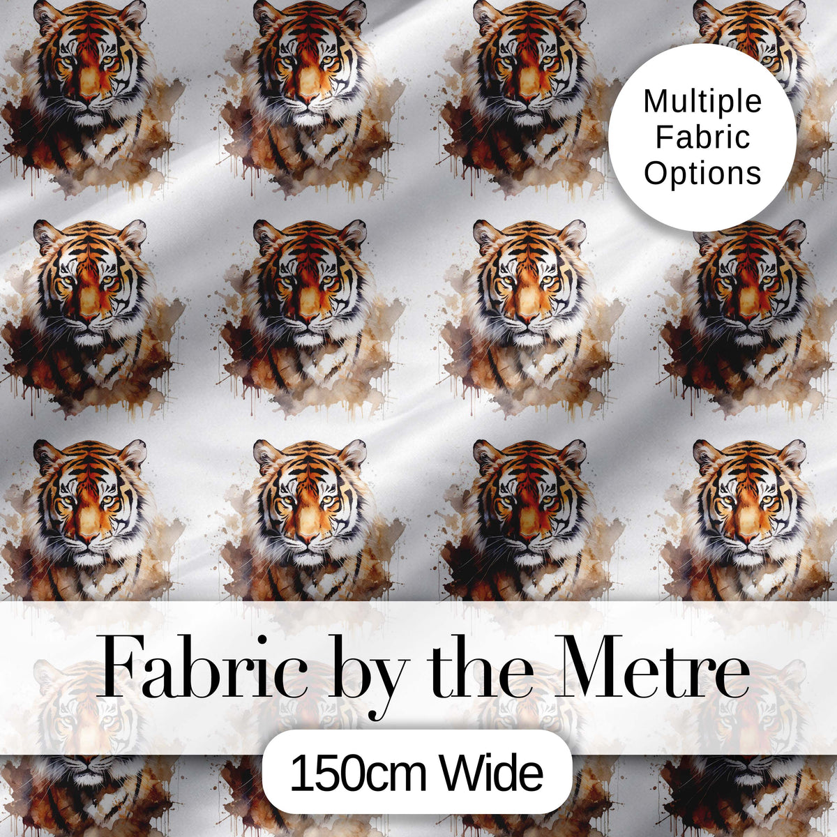 Realistic Tiger Portrait Splash Art Seamless Pattern Digital Print Fabric by the Metre UK Sewing Quilting Textile