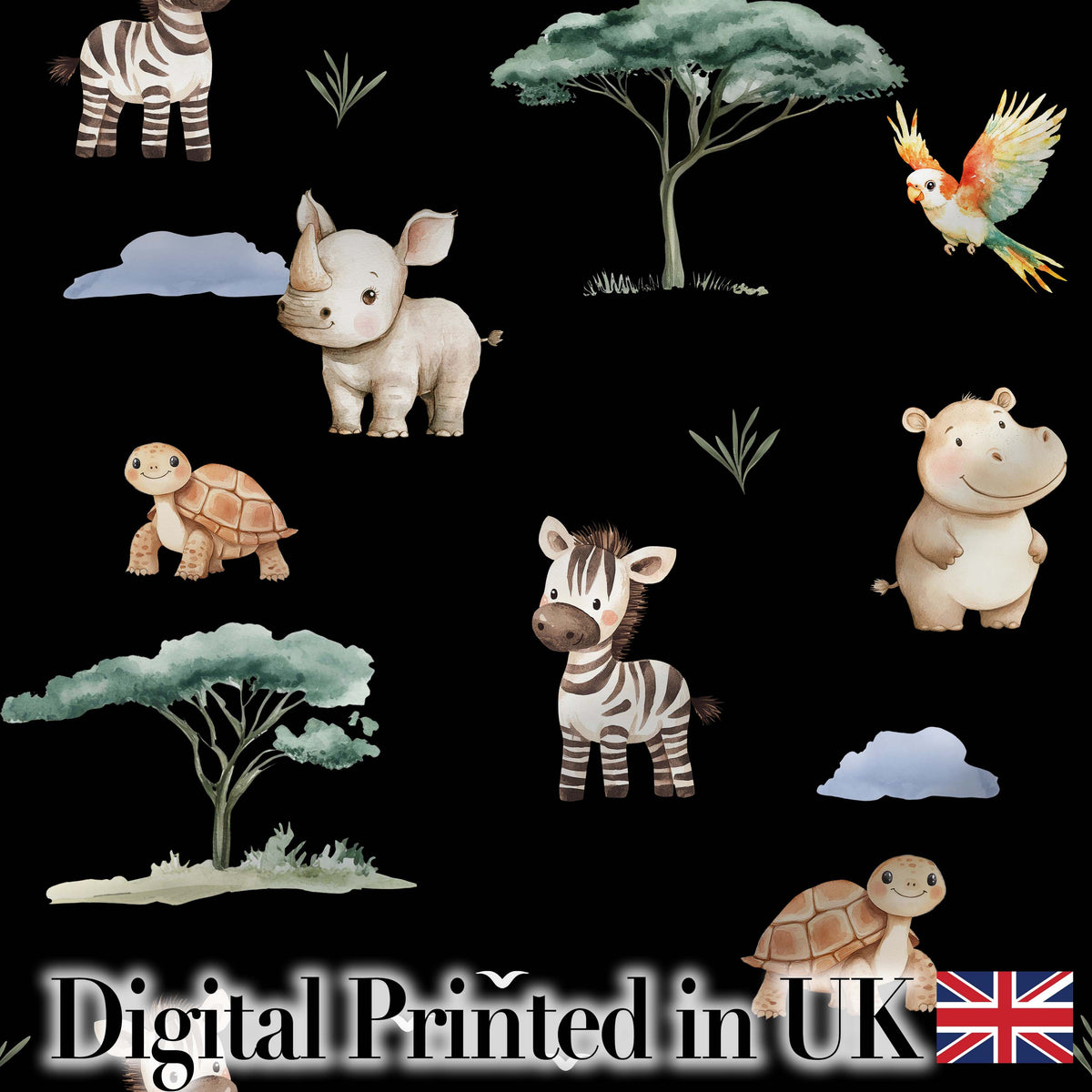 Cute Safari Animals Zebra Turtle on Black Seamless Pattern Digital Print Fabric by the Metre UK Sewing Quilting Textile