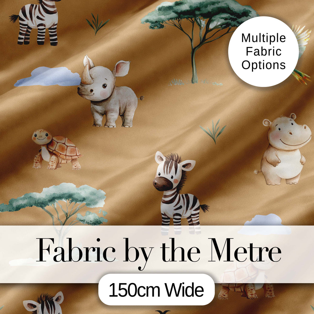 Cute Safari Animals Zebra Rhino Turtle on Tan Seamless Pattern Digital Print Fabric by the Metre UK Sewing Quilting Textile