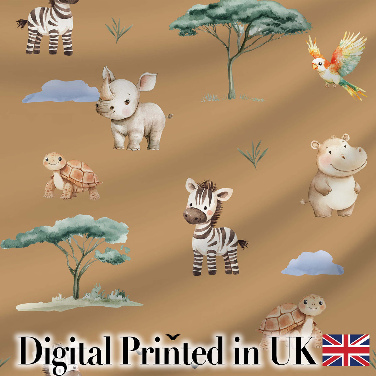 Cute Safari Animals Zebra Rhino Turtle on Tan Seamless Pattern Digital Print Fabric by the Metre UK Sewing Quilting Textile