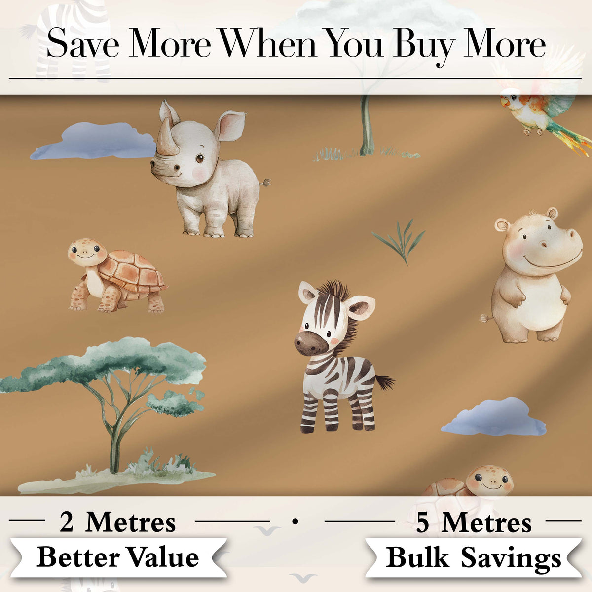 Cute Safari Animals Zebra Rhino Turtle on Tan Seamless Pattern Digital Print Fabric by the Metre UK Sewing Quilting Textile