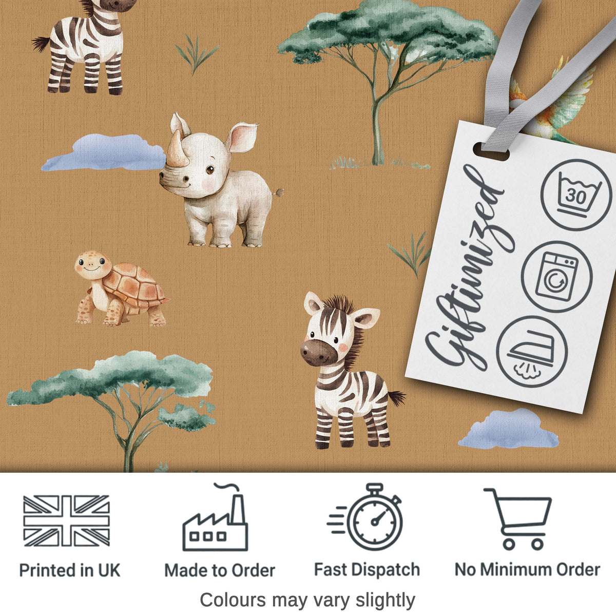 Cute Safari Animals Zebra Rhino Turtle on Tan Seamless Pattern Digital Print Fabric by the Metre UK Sewing Quilting Textile