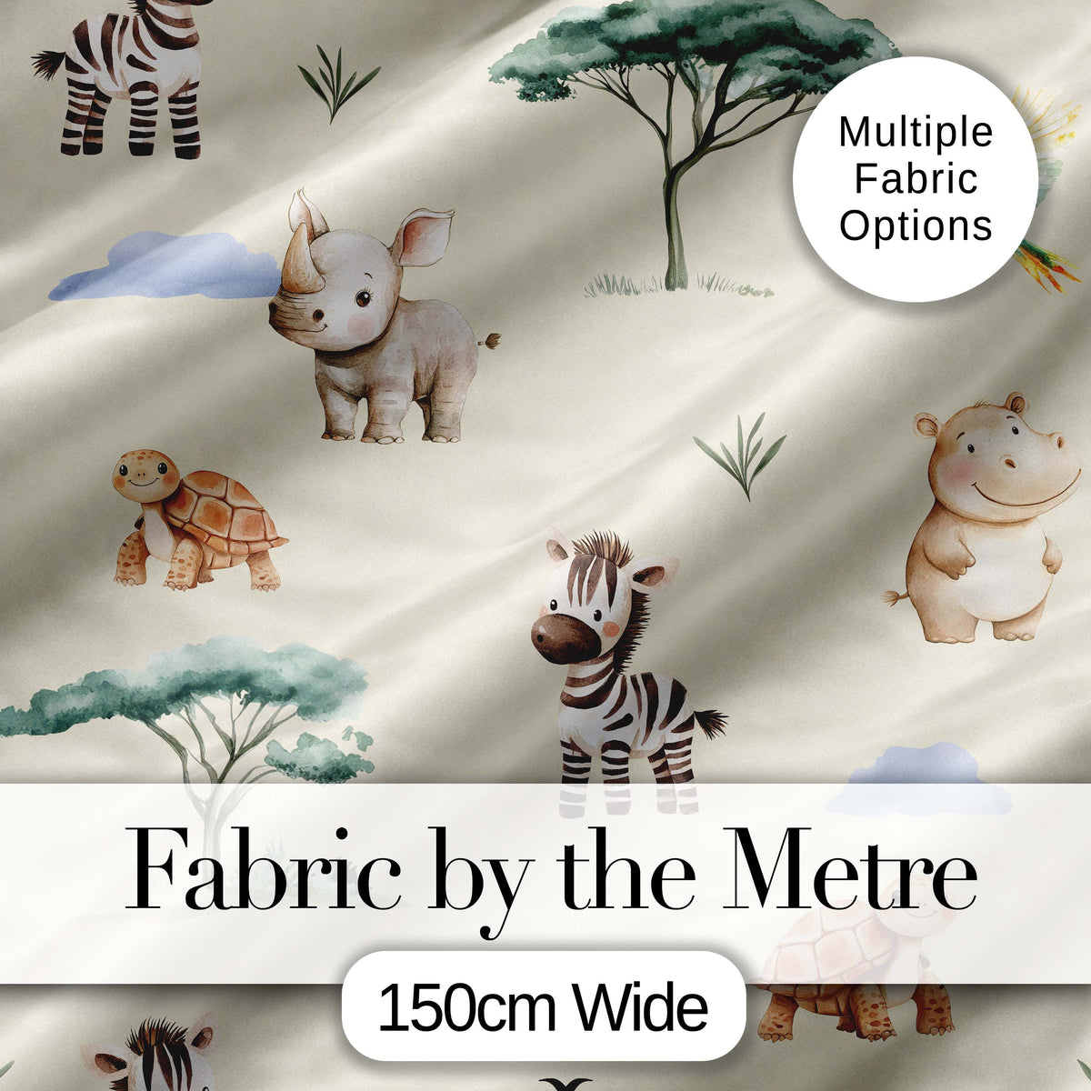Cute Safari Animals Zebra Rhino Turtle on cream Seamless Pattern Digital Print Fabric by the Metre UK Sewing Quilting Textile