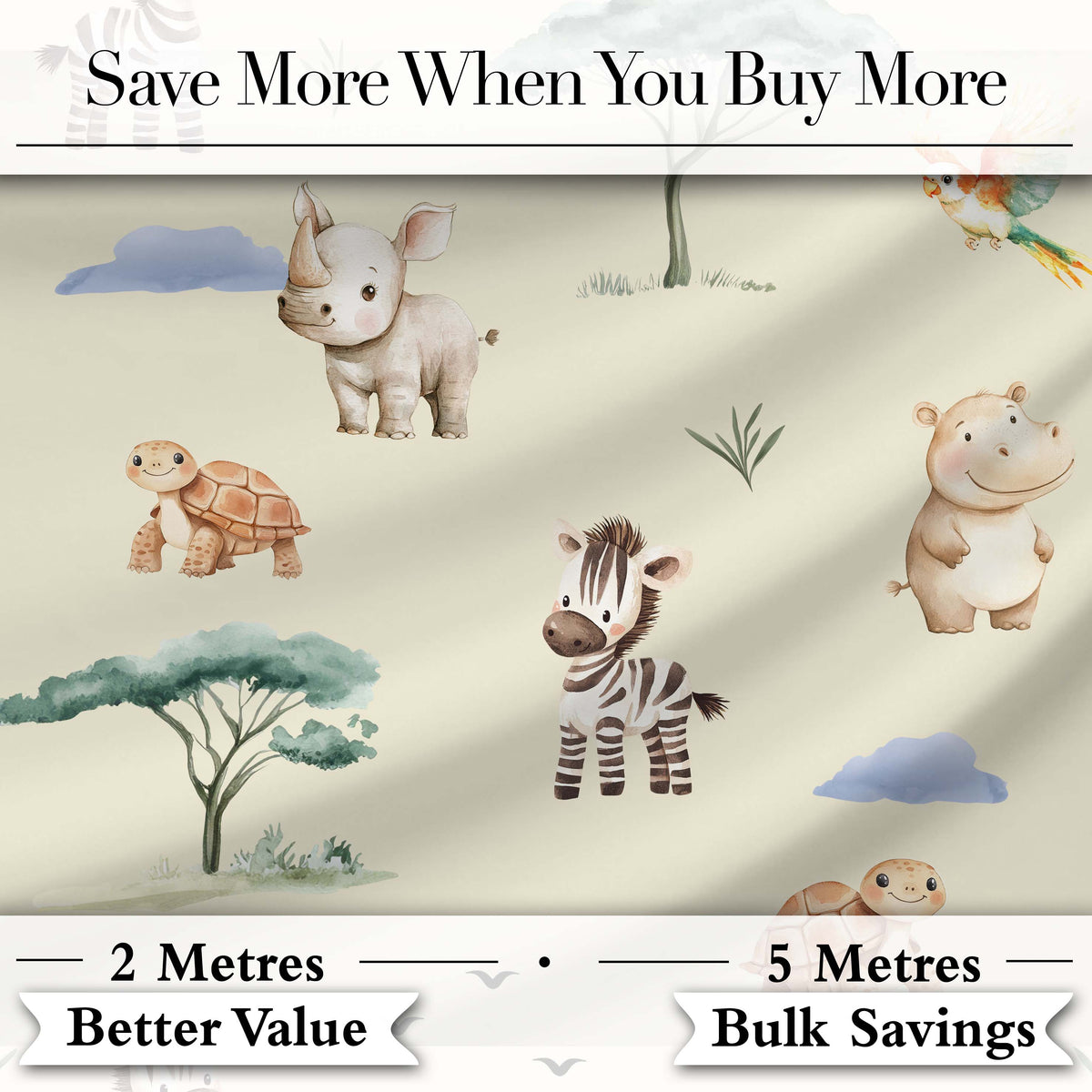 Cute Safari Animals Zebra Rhino Turtle on cream Seamless Pattern Digital Print Fabric by the Metre UK Sewing Quilting Textile