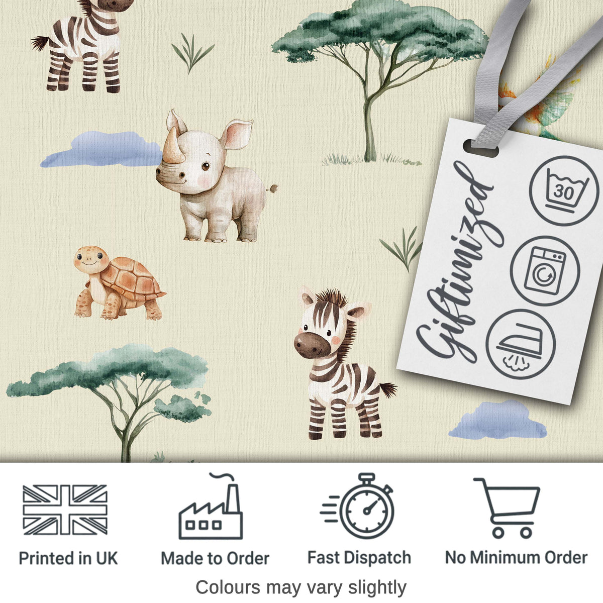 Cute Safari Animals Zebra Rhino Turtle on cream Seamless Pattern Digital Print Fabric by the Metre UK Sewing Quilting Textile