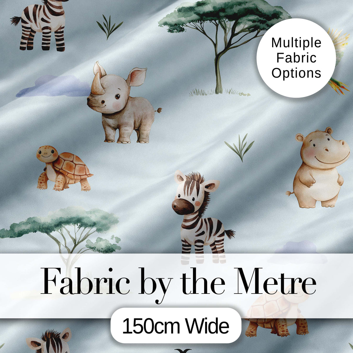 Cute Safari Animals Zebra Rhino Turtle Teal Seamless Pattern Digital Print Fabric by the Metre UK Sewing Quilting Textile