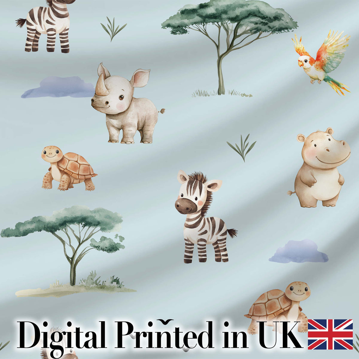 Cute Safari Animals Zebra Rhino Turtle Teal Seamless Pattern Digital Print Fabric by the Metre UK Sewing Quilting Textile