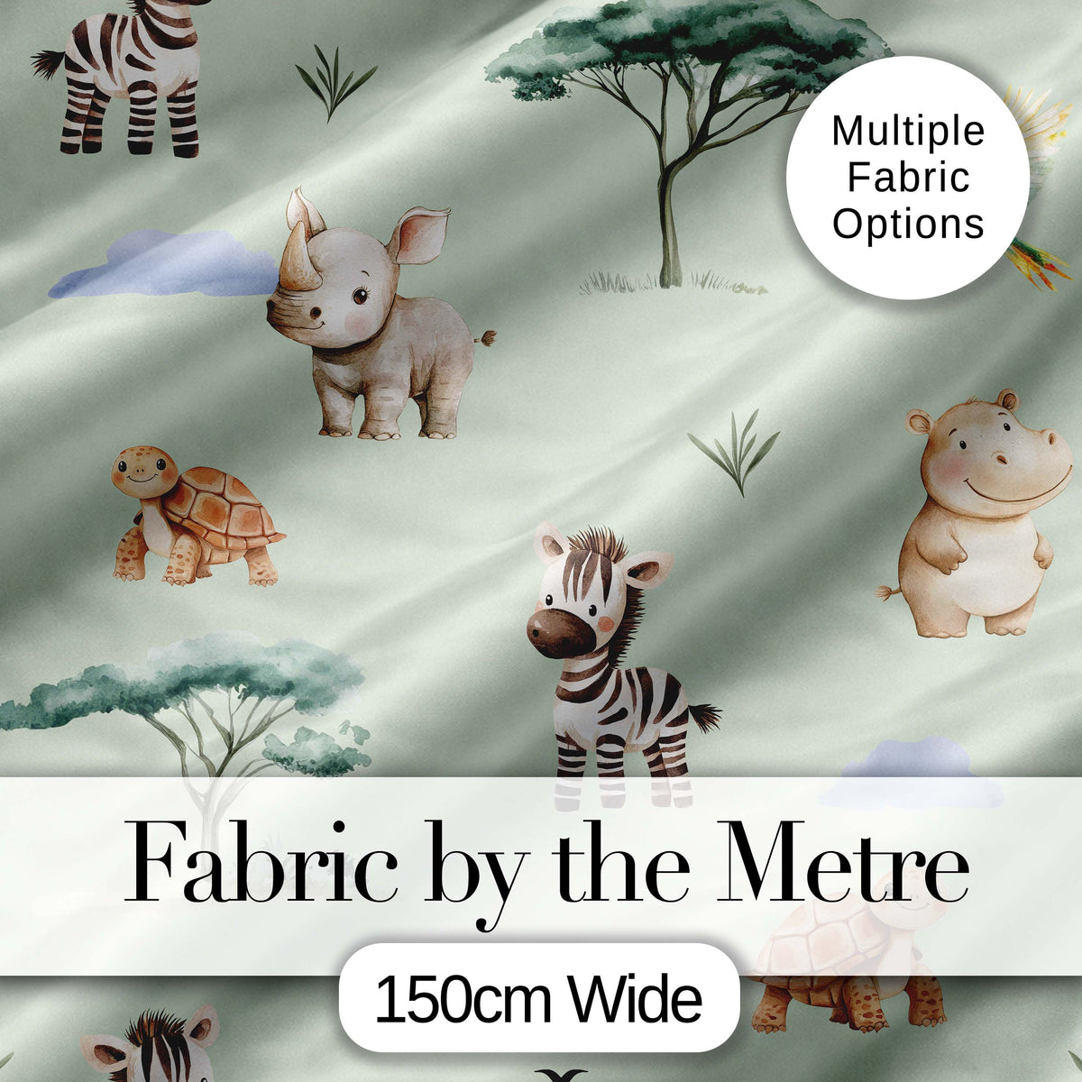 Cute Safari Animals Zebra Rhino Turtle Sage Green Seamless Pattern Digital Print Fabric by the Metre UK Sewing Quilting Textile