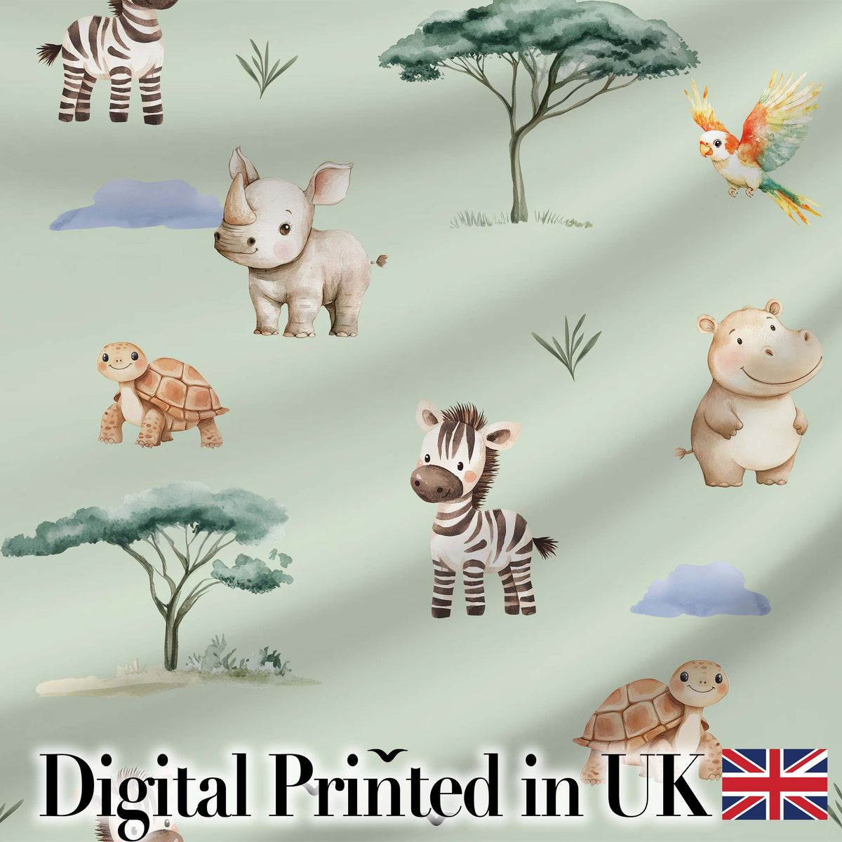 Cute Safari Animals Zebra Rhino Turtle Sage Green Seamless Pattern Digital Print Fabric by the Metre UK Sewing Quilting Textile