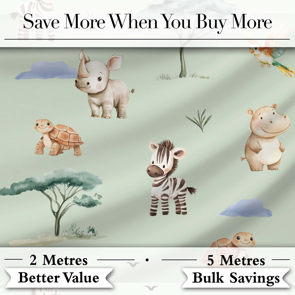 Cute Safari Animals Zebra Rhino Turtle Sage Green Seamless Pattern Digital Print Fabric by the Metre UK Sewing Quilting Textile