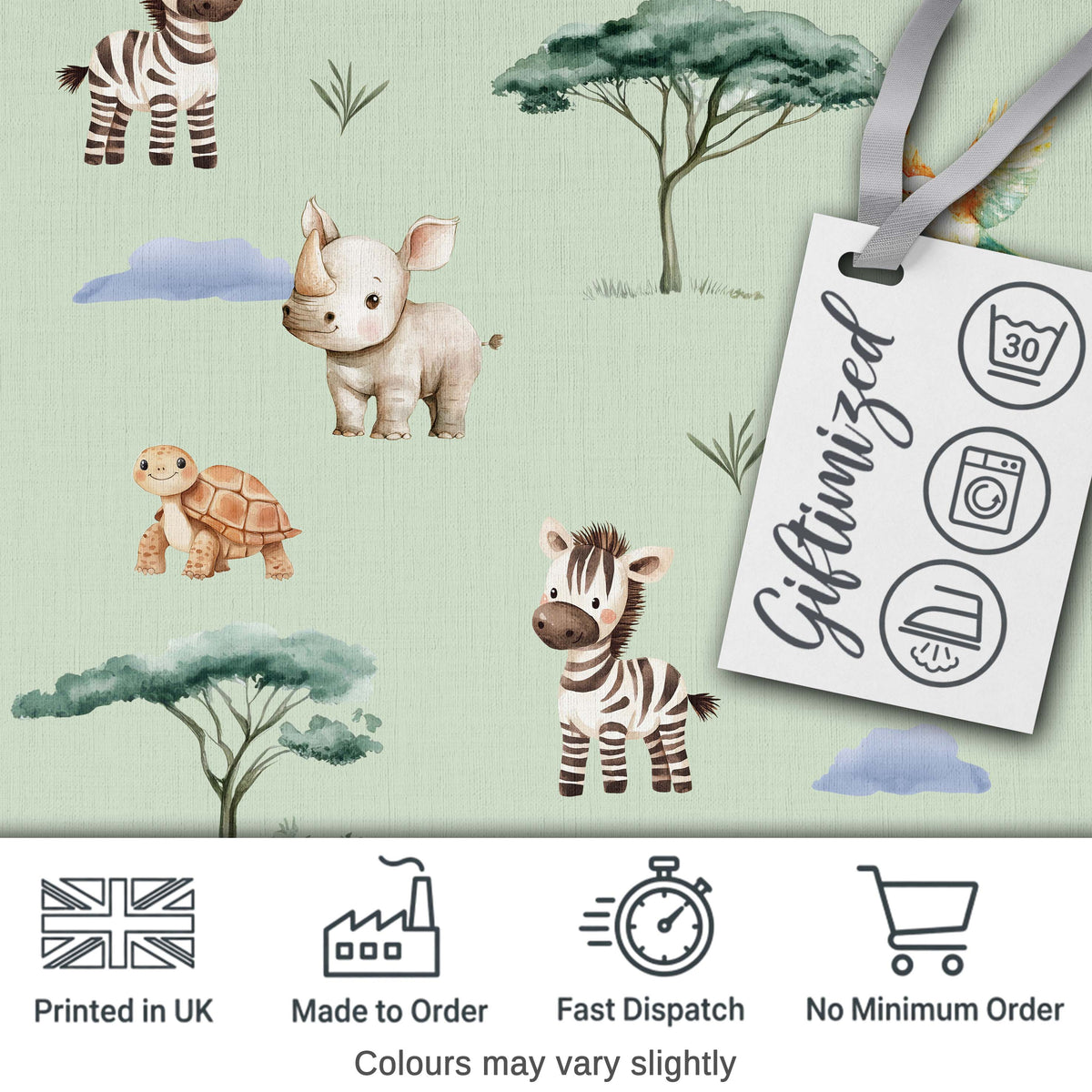 Cute Safari Animals Zebra Rhino Turtle Sage Green Seamless Pattern Digital Print Fabric by the Metre UK Sewing Quilting Textile
