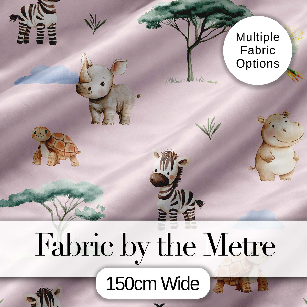 Cute Safari Animals Zebra Rhino Turtle Pink Seamless Pattern Digital Print Fabric by the Metre UK Sewing Quilting Textile