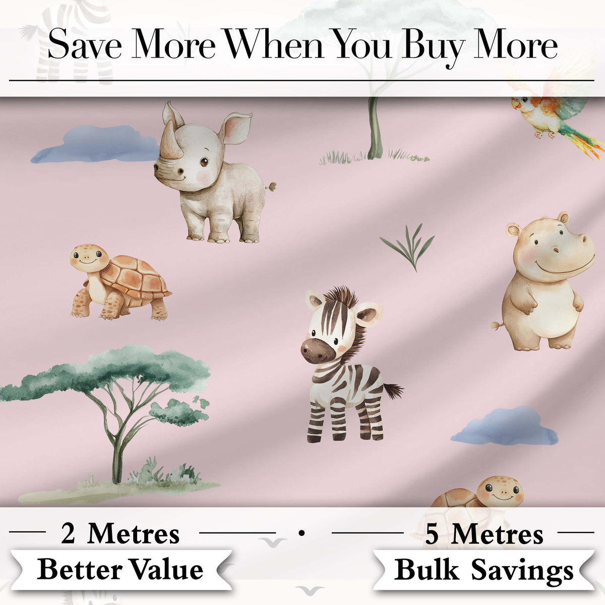 Cute Safari Animals Zebra Rhino Turtle Pink Seamless Pattern Digital Print Fabric by the Metre UK Sewing Quilting Textile