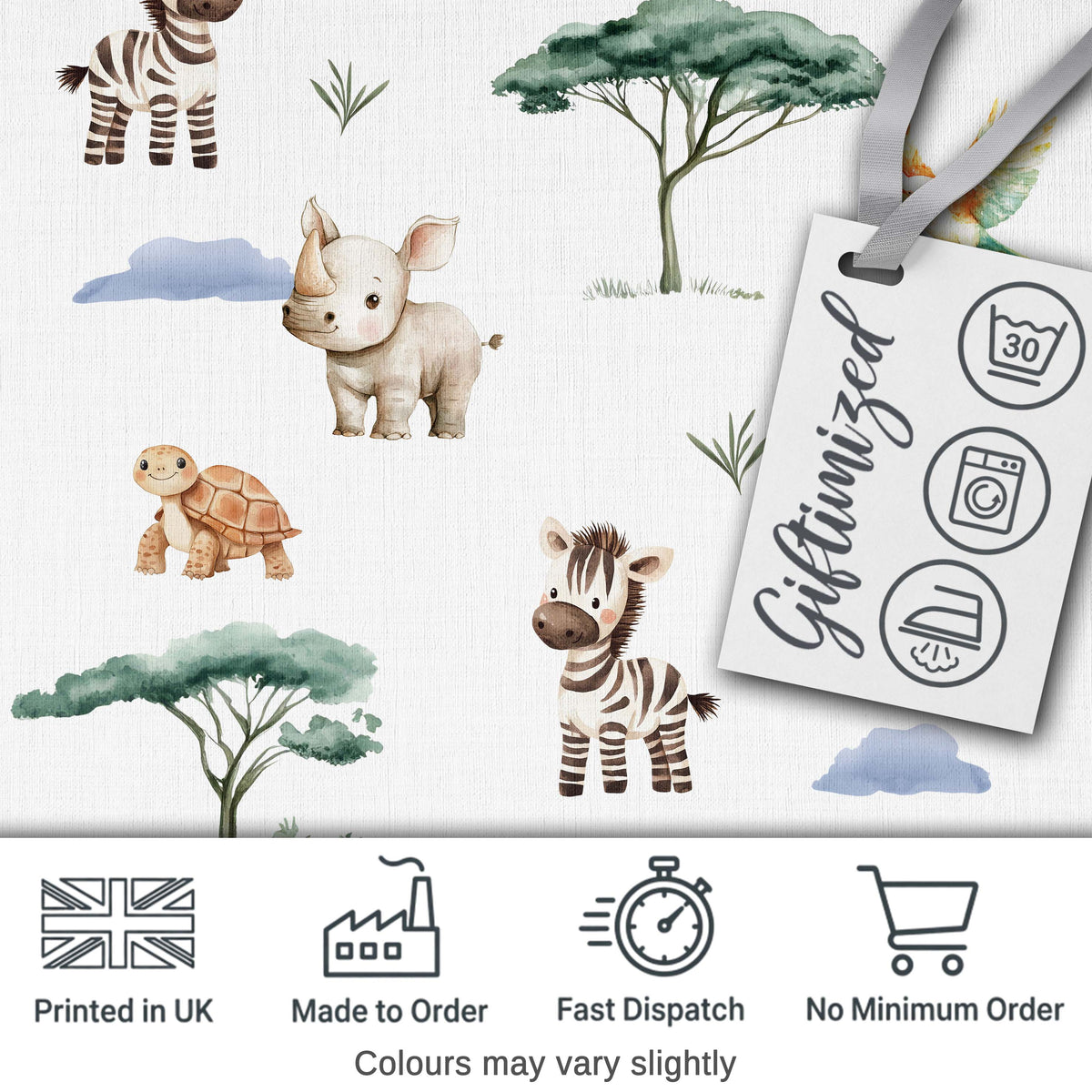 Cute Safari Animals Zebra Rhino Turtle with Trees Neutral Background Digital Print Fabric by the Metre UK Sewing Quilting Textile