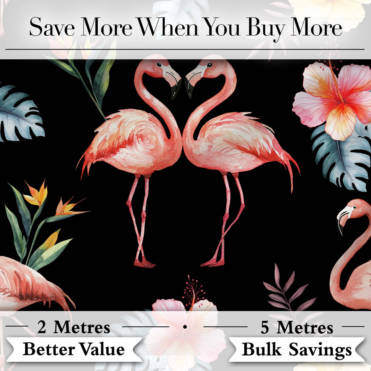 Elegant Pink Flamingos Tropical Flowers on Black Background Seamless Pattern Digital Print Fabric by the Metre UK Sewing Quilting Textile