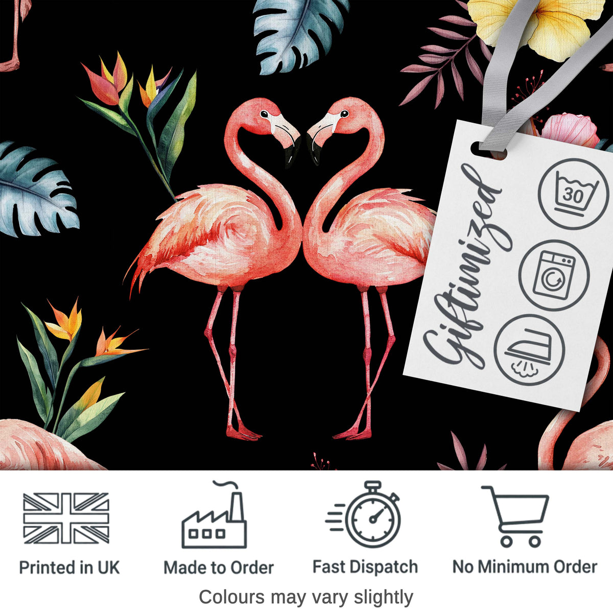 Elegant Pink Flamingos Tropical Flowers on Black Background Seamless Pattern Digital Print Fabric by the Metre UK Sewing Quilting Textile