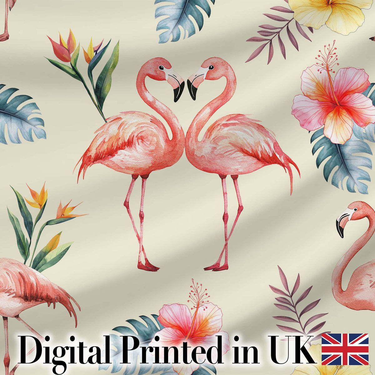 Elegant Pink Flamingos Tropical Flowers on Beige Background Seamless Pattern Digital Print Fabric by the Metre UK Sewing Quilting Textile