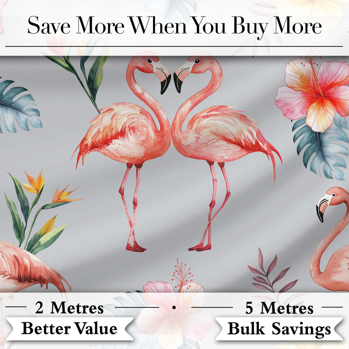 Elegant Pink Flamingos Tropical Flowers on Grey Background Seamless Pattern Digital Print Fabric by the Metre UK Sewing Quilting Textile