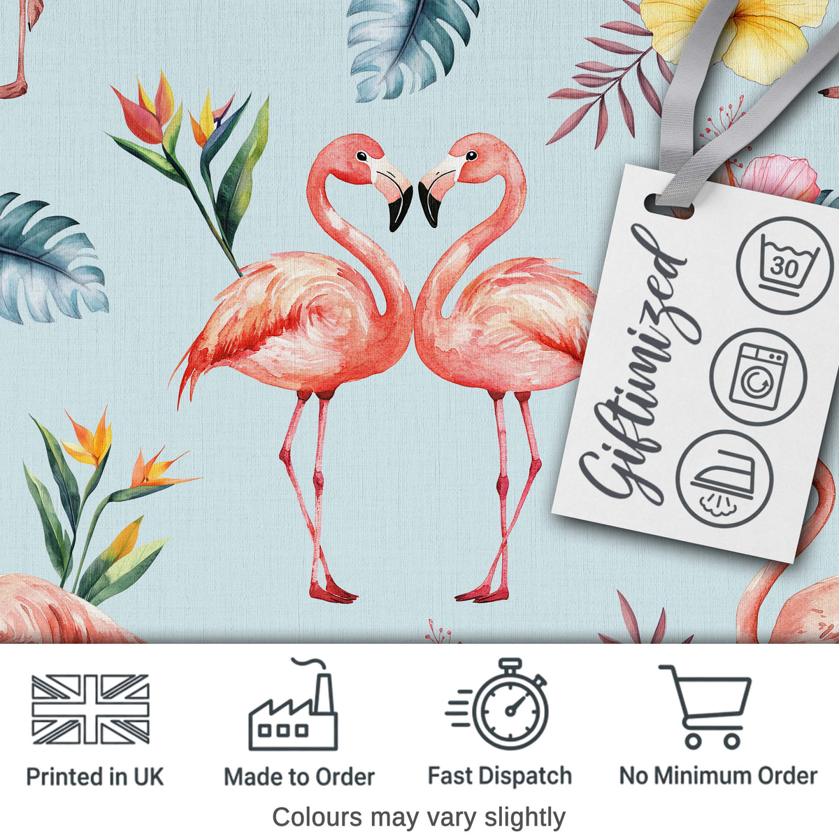 Elegant Pink Flamingos Tropical Flowers on Blue Background Seamless Pattern Digital Print Fabric by the Metre UK Sewing Quilting Textile