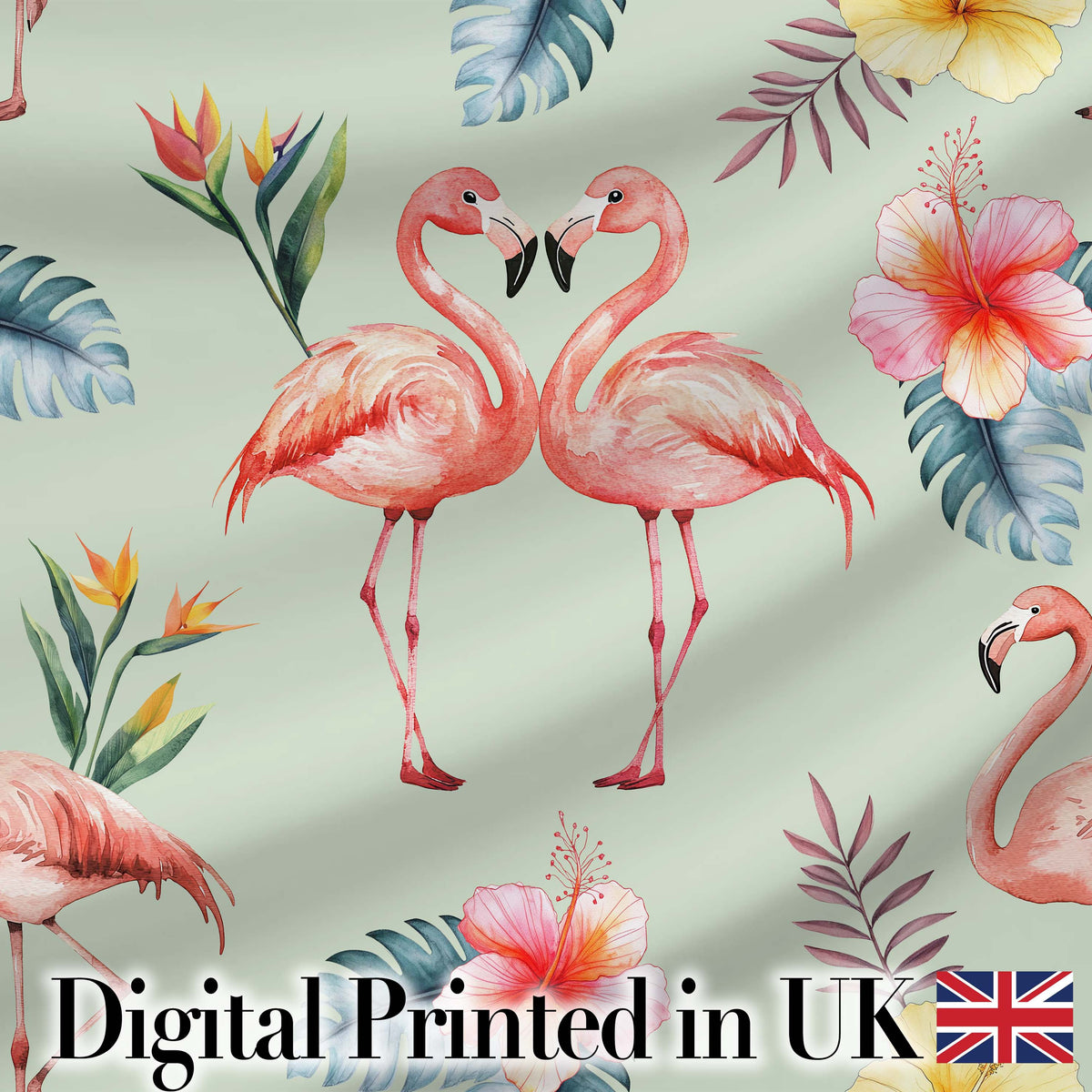 Elegant Pink Flamingos Tropical Flowers on Sage Green Background Digital Print Fabric by the Metre UK Sewing Quilting Textile