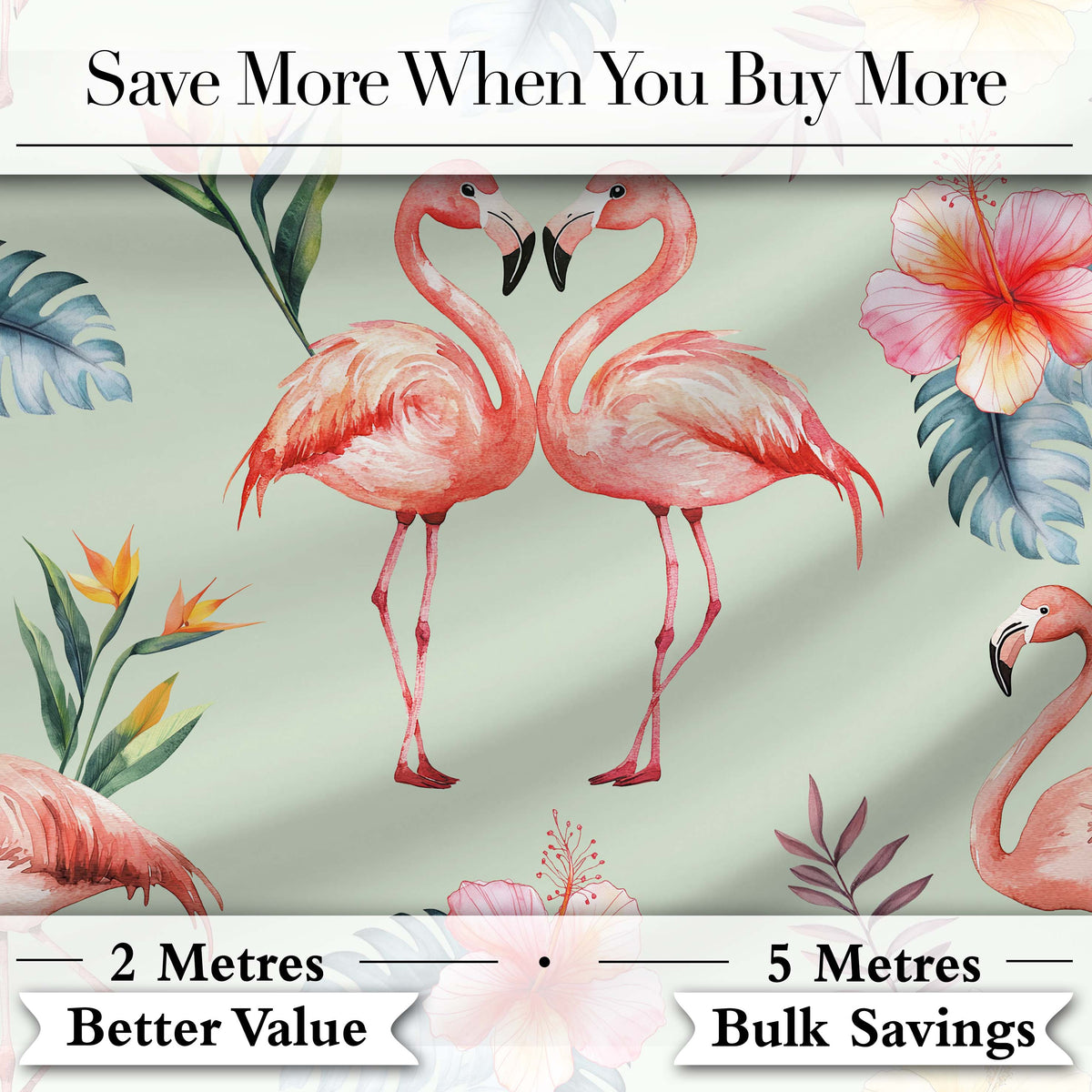 Elegant Pink Flamingos Tropical Flowers on Sage Green Background Digital Print Fabric by the Metre UK Sewing Quilting Textile