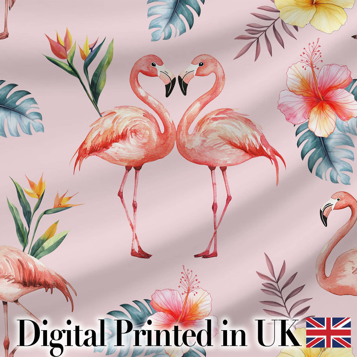 Elegant Pink Flamingos Tropical Flowers on Soft Pink Background Seamless Digital Print Fabric by the Metre UK Sewing Quilting Textile