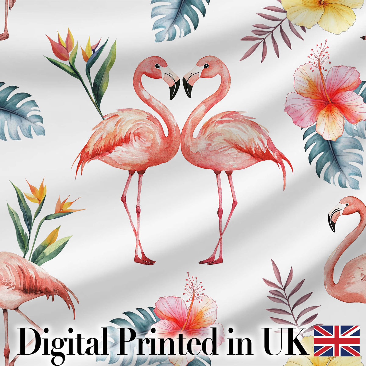 Elegant Pink Flamingos Tropical Flowers on Pale Grey Background Seamless Digital Print Fabric by the Metre UK Sewing Quilting Textile