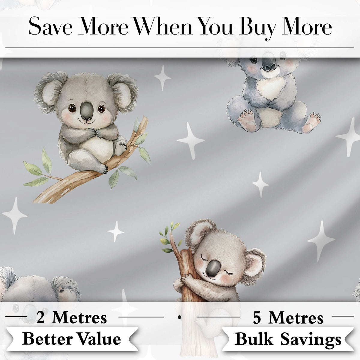Cute Baby Koala Bears with Stars on Grey Background Seamless Pattern Digital Print Fabric by the Metre UK Sewing Quilting Textile