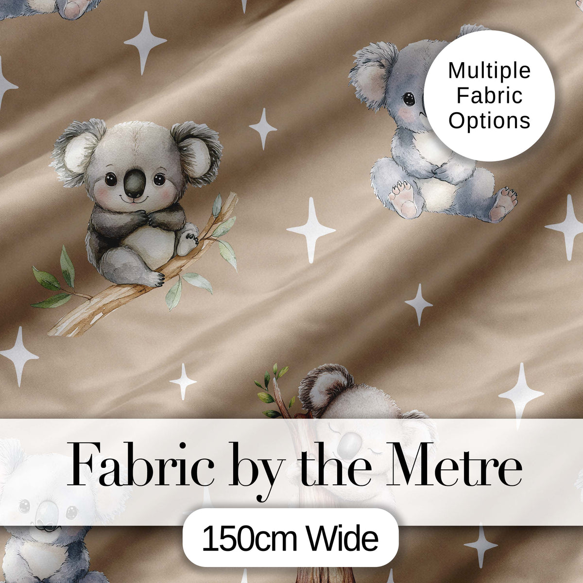Cute Baby Koala Bears with Stars on Warm Beige Background Seamless Pattern Digital Print Fabric by the Metre UK Sewing Quilting Textile