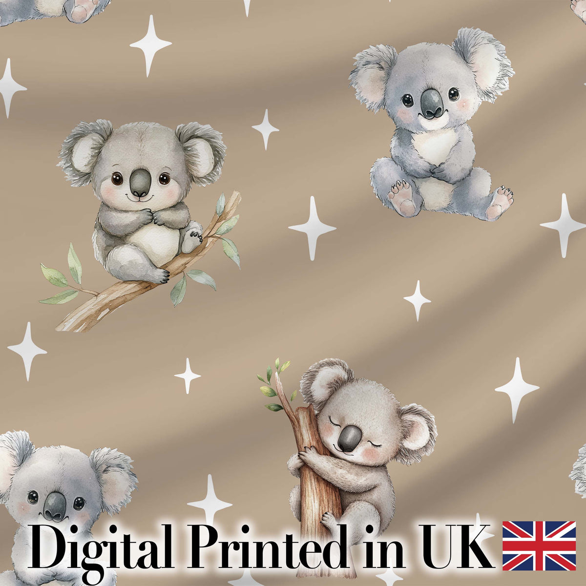 Cute Baby Koala Bears with Stars on Warm Beige Background Seamless Pattern Digital Print Fabric by the Metre UK Sewing Quilting Textile