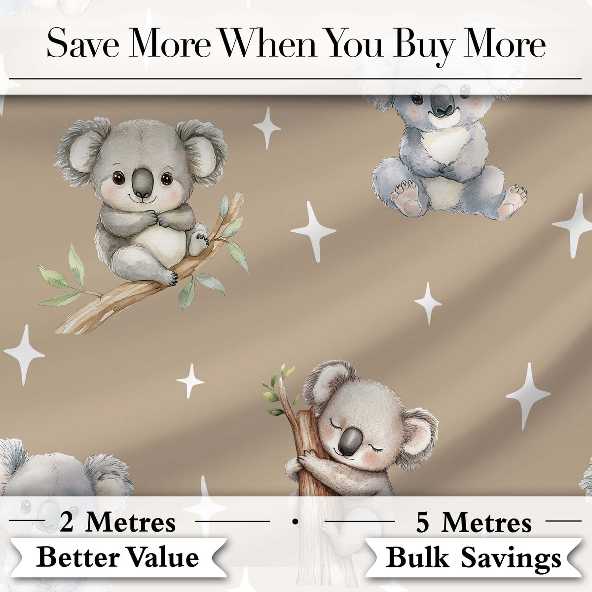 Cute Baby Koala Bears with Stars on Warm Beige Background Seamless Pattern Digital Print Fabric by the Metre UK Sewing Quilting Textile