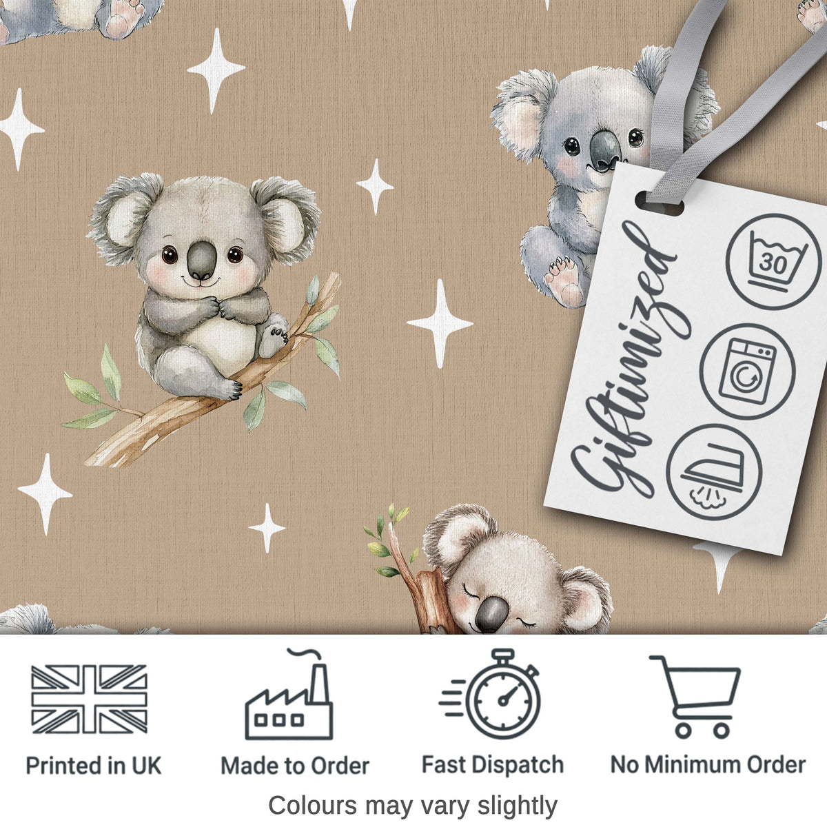 Cute Baby Koala Bears with Stars on Warm Beige Background Seamless Pattern Digital Print Fabric by the Metre UK Sewing Quilting Textile