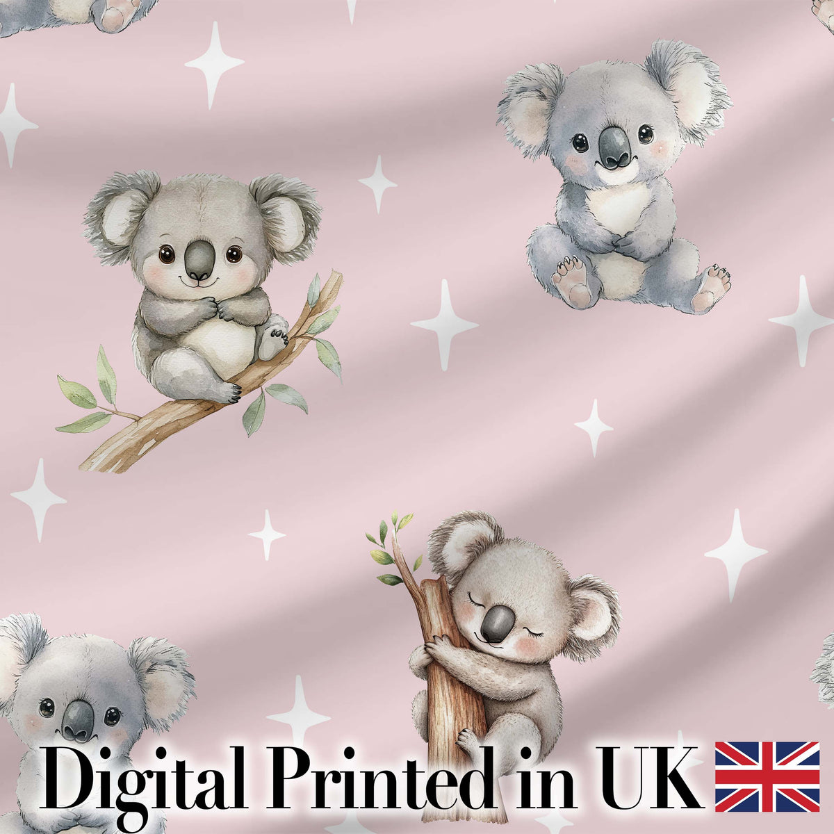 Cute Baby Koala Bears with Stars on Dusty Rose Background Seamless Pattern Digital Print Fabric by the Metre UK Sewing Quilting Textile