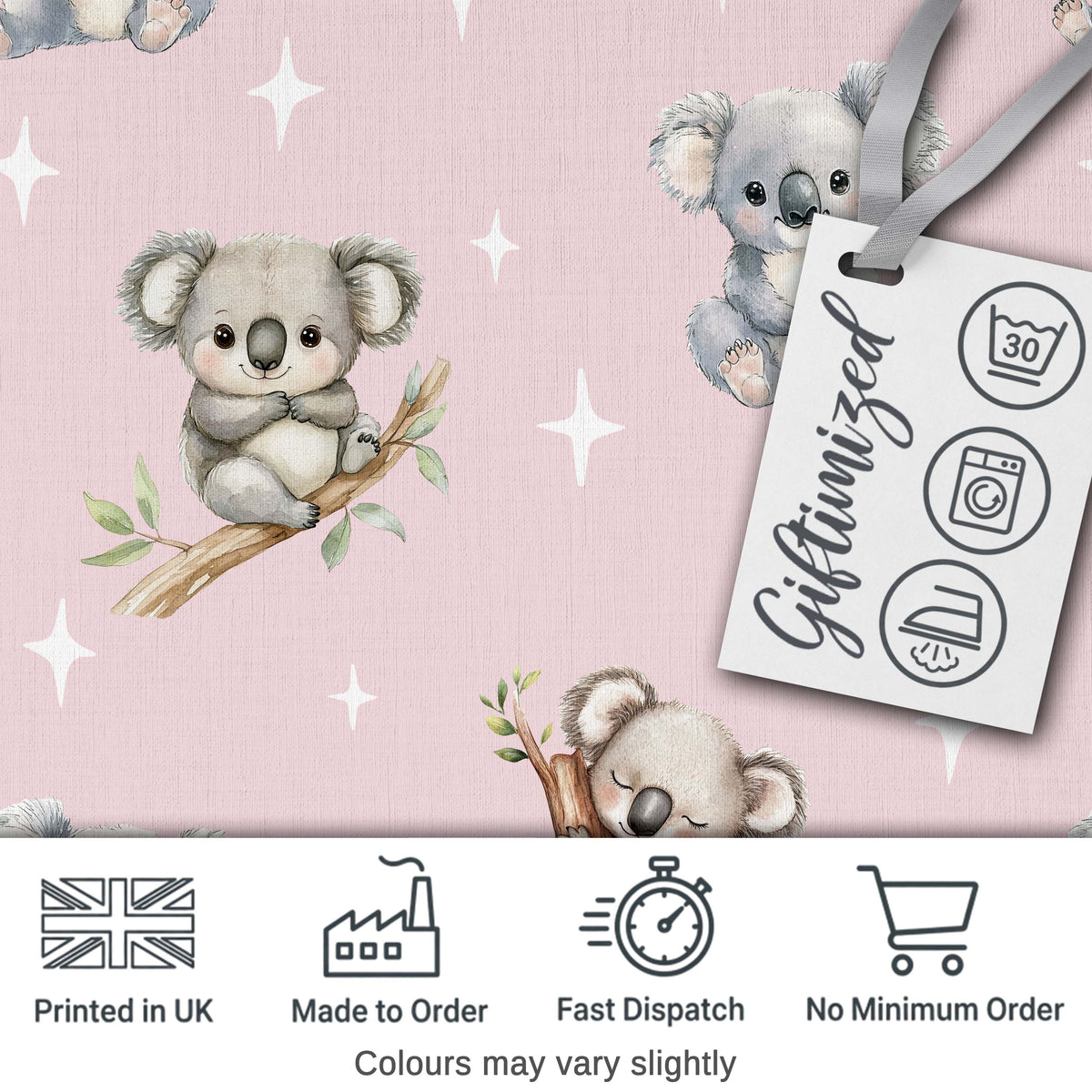 Cute Baby Koala Bears with Stars on Dusty Rose Background Seamless Pattern Digital Print Fabric by the Metre UK Sewing Quilting Textile